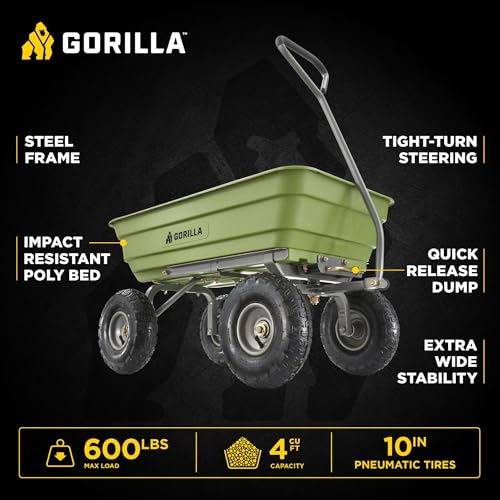 Gorilla Carts 600-Pound Capacity Heavy Duty Poly Yard Garden Steel Quick Dump Utility Wheelbarrow Wagon Cart with Straight Pull Handle, Green, Model GOR4G-COM - size: 4-Cubic Feet, style: Pneumatic-Green
