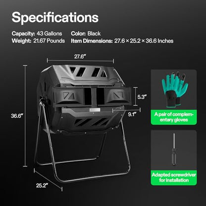 VIVOSUN Outdoor Tumbling Composter Dual Rotating Batch Compost Bin, 43 Gallon Black Door - color: Black