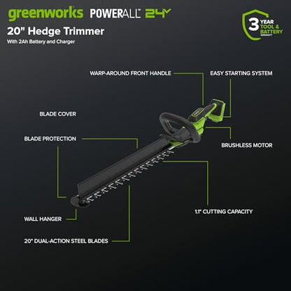 Greenworks 24V 20in Hedge Trimmer, 2.0 Ah Battery and Charger Included - size: 20 in, style: With 2Ah Battery