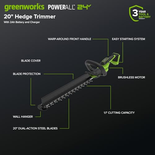 Greenworks 24V 20in Hedge Trimmer, 2.0 Ah Battery and Charger Included - size: 20 in, style: With 2Ah Battery