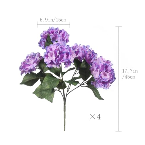 Sousi Hydrangea Artificial Flower for Outdoor, 4 Bundles Fake Hydrangea Bush Plant UV Resistant for Outdoors Front Porch Indoor Home Garden Decor(Purple) - color: Light Purple
