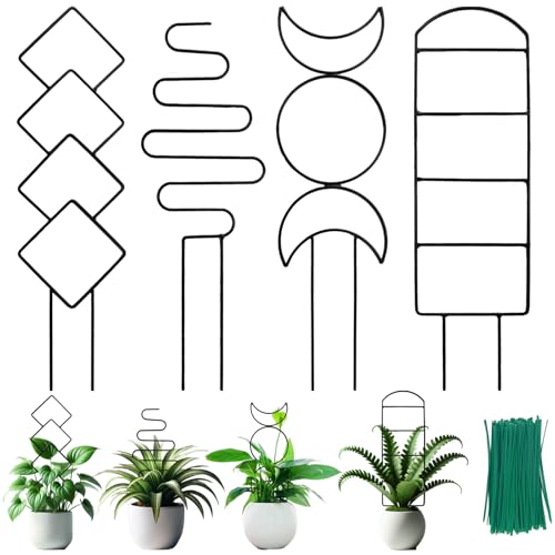 4 Packs Trellis for Climbing Plants Indoor, HENABLE Small Garden Metal Trellis for Potted Plants Outdoor for Vine Ivy Flower Plant Support, 4 Different Black Iron Patterns - size: 15 IN