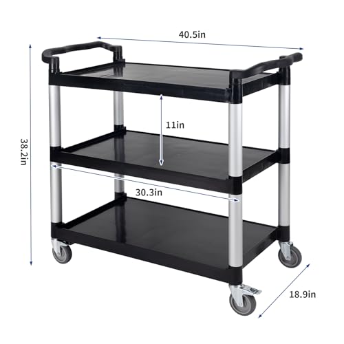 UNICOO® Heavy Duty 3-Tier Rolling Cart, Service Utility Cart on Wheels, 550lbs Capacity, Lockable & Silent Wheels, Anti-Rust, Easy Clean for Restaurant, Office, Dorm, Garage, Kitchen Storage - color: Black