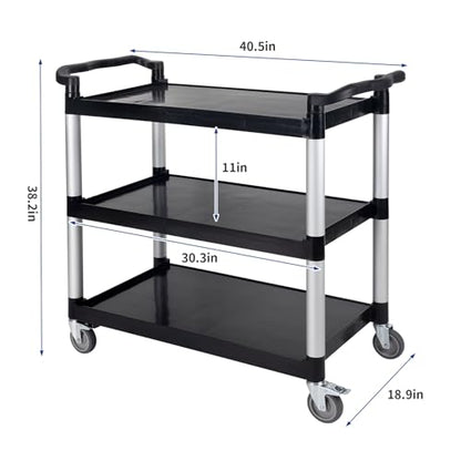 UNICOO® Heavy Duty 3-Tier Rolling Cart, Service Utility Cart on Wheels, 550lbs Capacity, Lockable & Silent Wheels, Anti-Rust, Easy Clean for Restaurant, Office, Dorm, Garage, Kitchen Storage - color: Black