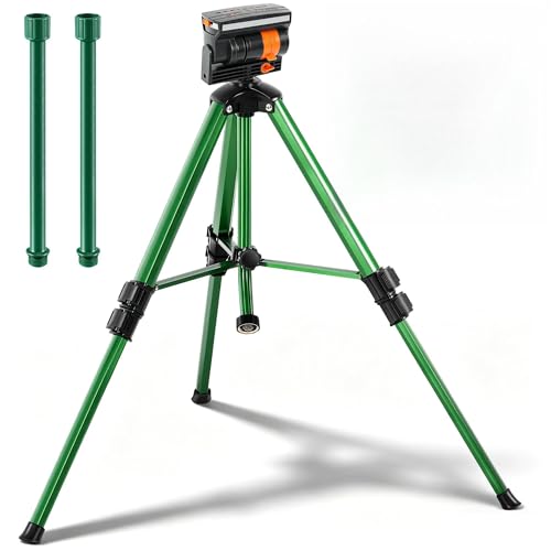 Oscillating Sprinkler Head on Telescoping Tripod Base with 2 Sprinkler Extensions, Heavy Duty Lawn Sprinklers, 360° Large Area Irrigation, Solid Metal Extension Legs & Skidproof Design - style: Oscillating Sprinkler Head