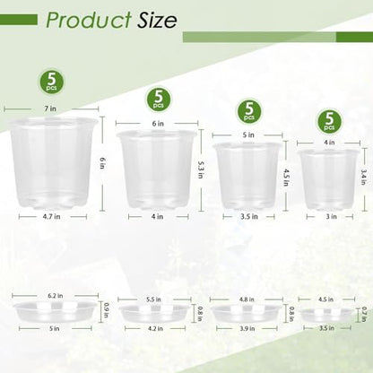 FUIJOL 4/5/6/7 Inch Clear Nursery Pots for Plants with Sacuers 20 Pack, Plastic Flower Pots with Drainage Holes, Variety Pack Seedlings Garden Pot for Indoor Outdoor (4+5+6+7 inch) - size: 4+5+6+7 inch