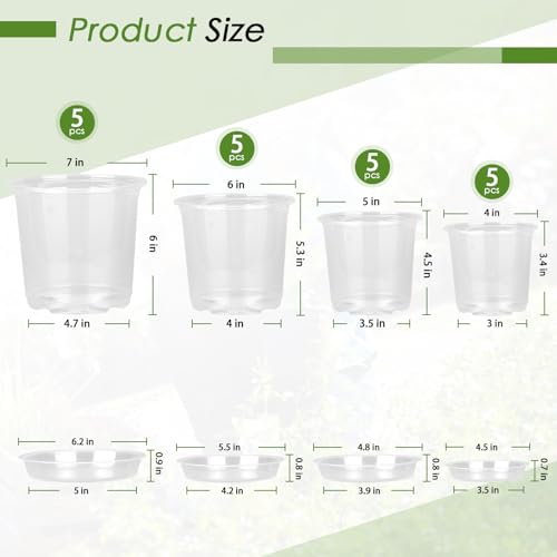 FUIJOL 4/5/6/7 Inch Clear Nursery Pots for Plants with Sacuers 60 Pack, Plastic Flower Pots with Drainage Holes, Variety Pack Seedlings Garden Pot for Indoor Outdoor (4+5+6+7 inch) - size: 4+5+6+7 inch (Pack of 3)