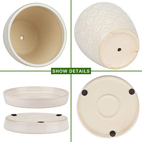 Docrin Ceramic Plant Pots Indoor, 6.6 + 5.5 Inch Planters with Drainage Holes and Saucer for Home/Office - Set of 2 /White - color: Creamy-white