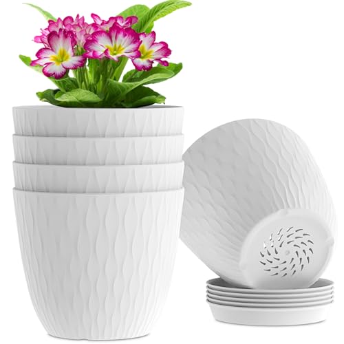 WSMKSZ 6 inch Flower Pots, 5 Pack Plant Pots with Drainage Holes and Saucers for Indoor Plants, Plastic Planters with Water Ripple for Small Garden House Plants, Nursery Pots for Succulent, White - color: White, size: 6inch 5pcs