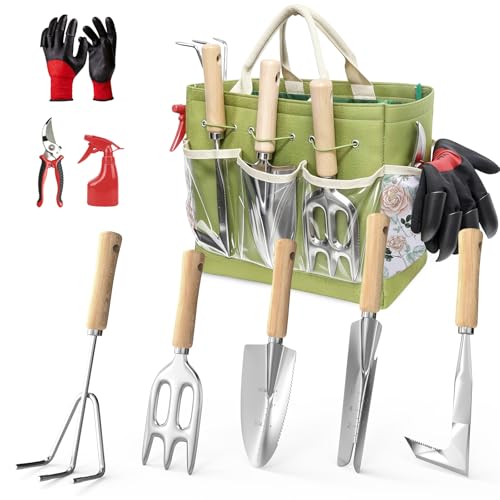 Garden Tools Set, 9-Piece Heavy Duty Gardening Tools with Clear Pocket Tote Bag, Stainless Steel Garden Hand Tools for Digging, Planting, Weeding and Pruning, Durable Gardening Kit - style: Green