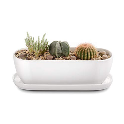 E-liu 11 Inch Oval Ceramic Planter Pot with Drainage Hole Saucers - color: White, size: 11 inch Single