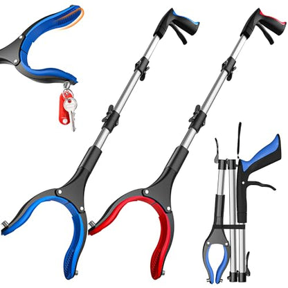 2 Pack 36 Inch Grabber Reacher Tool for Seniors, Foldable Reacher Grabbers Pickup Stick with Anti-Slip 90° Rotating Jaw, 4" Wide Extended Claw with Magnet for Disabled - color: Blue+red(36 Inch)