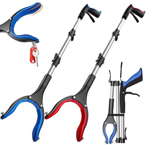 2 Pack 36 Inch Grabber Reacher Tool for Seniors, Foldable Reacher Grabbers Pickup Stick with Anti-Slip 90° Rotating Jaw, 4" Wide Extended Claw with Magnet for Disabled - color: Blue+red(36 Inch)