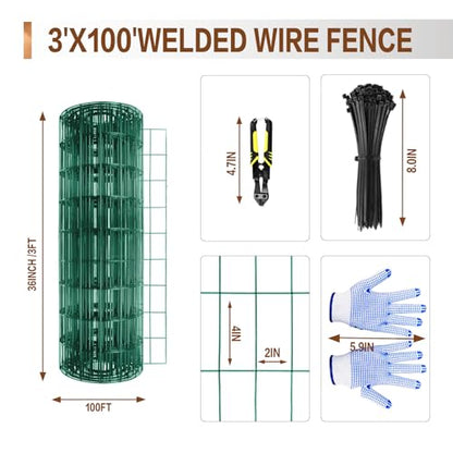 Tongmo 3 ft x 100 ft Green PVC Coated Welded Wire Fence, 16GA Garden Chicken Wire Fence Roll, Mesh Size 2" x 4" Hardware Cloth, Ideal for Yard Protection and Poultry Netting - color: Green, size: 3ft*100ft