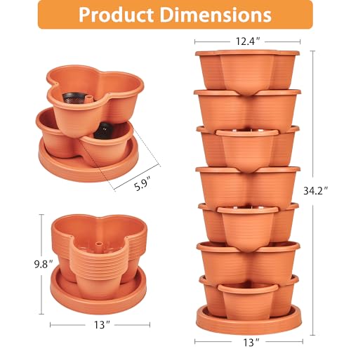 VECELO 7 Tier Vertical Garden Planter, Self Watering Stackable Planters with Wheels for Strawberries, Herbs, Flowers, Vegetables, Red - color: Red, size: 7 Tier