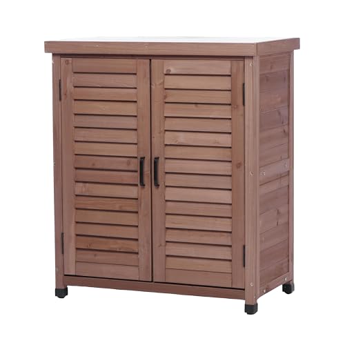 Wood Outdoor Potting Bench Storage Cabinet, Waterproof Metal Top - color: Brown