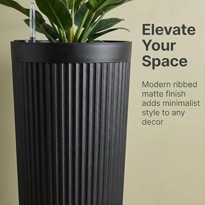 TUYOHW 24 Inch Tall Round Plastic Planter with Self Watering System, Large Indoor Outdoor Planter for Home, Patio, Garden - color: Black-round