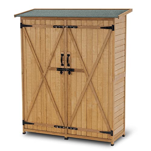 MCombo Outdoor Storage Cabinet with Shelves, Wood Garden Shed with Floor, Outside Tool Shed with 2 Lockable Doors for Yard Patio Lawn, 1400 (Natural) - color: Natural