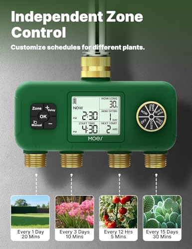 MOES 4 Zone Water Timer, Brass Fittings, Sequential Watering, No Wi-Fi - style: 4 Zones (4 Outlets)