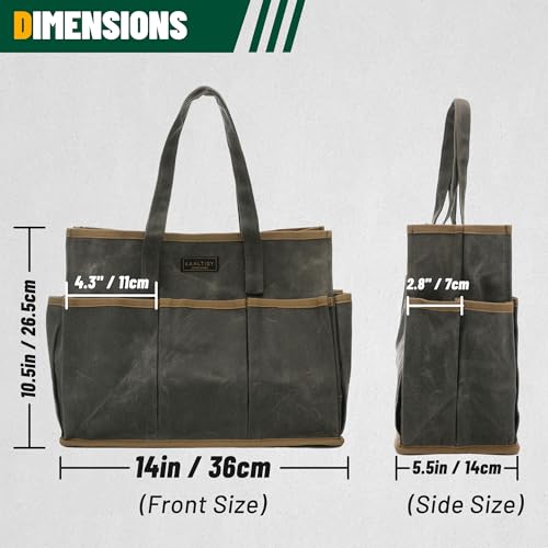 Tool Tote Bag, Heavy Duty 16oz Waxed Canvas Garden Tool Bag | Portable 11-Pocket Tool Storage Bag for Gardener Electrician Contractor Repairman (14"L x 5.5"W x 10.5"H) – Army Green - color: ArmyGreen