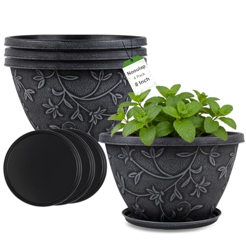 Nooulap 4 Pack 8 Inch Plant Pots, Lightweight Small Plastic Planters, Gray - color: Imitation Magnolia, size: 8 inch