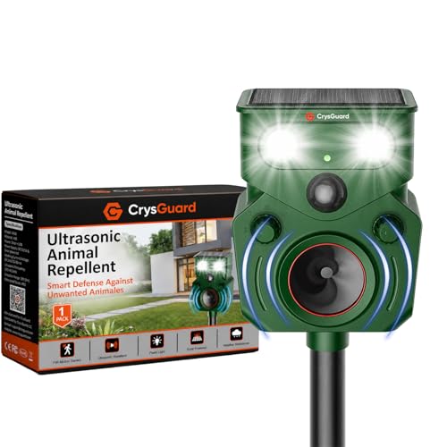 Solar Ultrasonic Animal Repellent Outdoor – Motion Activated, IP65 Waterproof, Designed to Discourage Unwanted Animals in Yard – Deer, Coyote, Cats, Squirrel, Raccoon with LED Flashing Lights