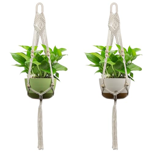 USLAI Macrame Plant Hanger, for Up to 15 Inch Pots, 41 Inch, Ivory, 2 Pack - color: 41+41 Inch - Ivory