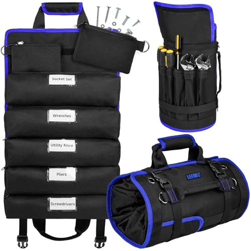 Tool Bag,Large Roll Up Tool Bag Organizer,13 Pockets Tool Roll Storage Pouch,Heavy Duty Portable Tool Storage Carrier Bag for Men,Mechanic,Electrician,Valentines Day Gifts for Men,Black/Blue - color: Black+Blue