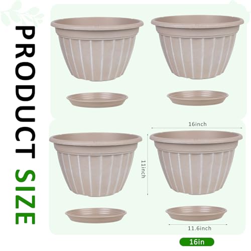 4 Pack 16 inch Plant Pots, Retro Vertical Stripe Flower Pots Outdoor - color: Beige, size: 16 inch-4 pack