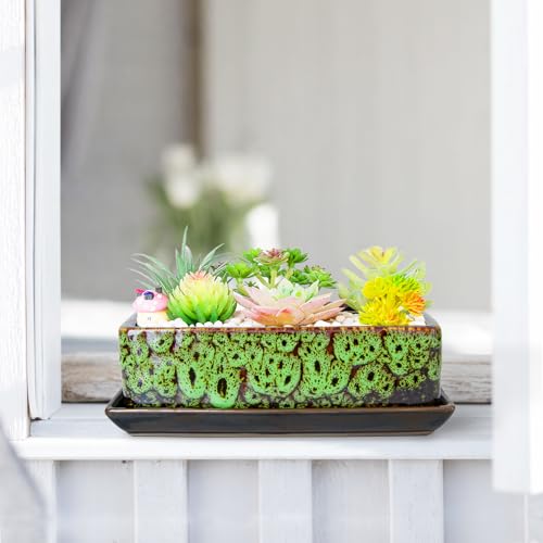 Succulent Pots - Long Rectangle Succulent Planters with Drainage Tray - color: Green