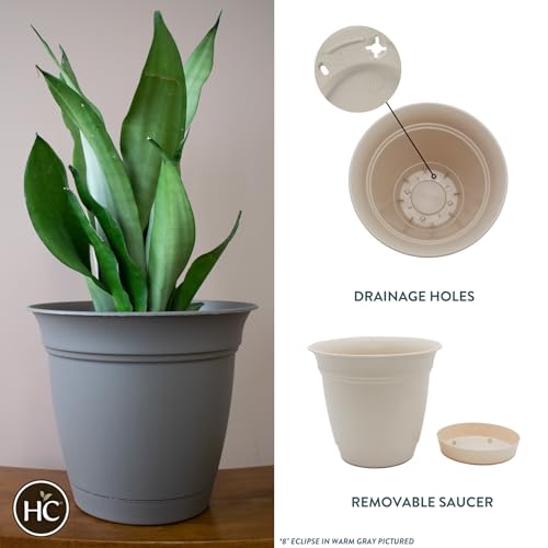 The HC Companies Eclipse Round Planter with Saucer - Outdoor & Indoor Plant Pot with Drainage Holes - Lightweight, UV-Resistant Plastic Pots for Plants, Flowers & Herbs (8" Cottage Stone, Pack of 1) - color: Cottage Stone, size: 8"