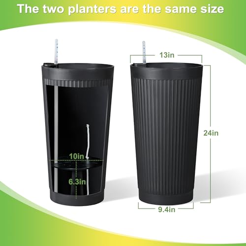 TUYOHW Set of 2 Large Round Tall Planter for Indoor or Outdoor 24" Flower Pots for Porch, Patio, Backyard, Large Planters for Outdoor Indoor Plants - color: Round Ribbed Black