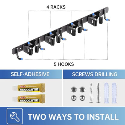 ZONGOOL Wall Mount Broom Holder 4 Racks 5 Hooks Metal Tool Organizer Black - color: Black, size: 1Pack 4R5H
