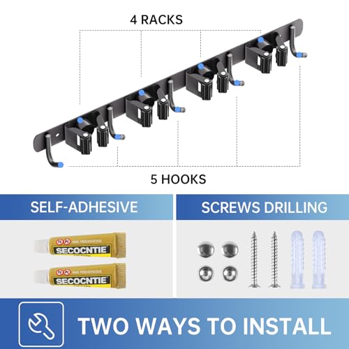 ZONGOOL 2 Pack Mop Broom Holder Wall Mount 4 Racks 5 Hooks Storage Black - color: Black, size: 2Pack 4R5H