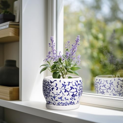 SQOWL 6 Inch Planter - Ceramic Plant Pots Indoor with Drainage Hole and Saucer, Round Ceramic Flower Pot Outdoor, Porcelain Decorative Planter, Backyard Decor, Gifts for Plant Lovers, Blue and White - color: White Porcelain, size: 6 Inch