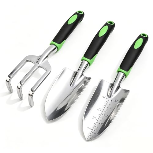Stainless Steel Garden Tool Set，3 Pieces, Including Hand Shovel & Transplant Shovel & Hand Rake with Non-Slip Soft Ergonomic Handle (Green). - color: green