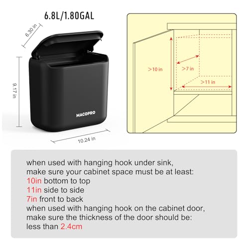 MACOPRO Compost Bin Hanging Trash Can with Lid Under Sink for Kitchen, Food Waste Bin for Countertop with Lid, Mountable Garbage Can for Bathroom, RV, 8L/2.6Gal
