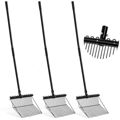 Lasnten 3 Sets Manure Fork with Long Handle, All Metal Head & Handle, 20 Fine Tines Pitch Fork Manure Rake Heavy Duty Dustproof Muck Rake for Gardening Horse Stable Grass Hay Cleaning Farm Work(Black) - color: Black