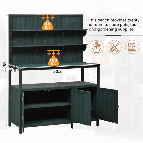 Christopher Knight Home Belfast 50.20" W Outdoor Potting Bench Table, Fir Wood Potting Table, Large Gardening Workstation with Storage Shelf, Ample Space Garden Tools Organizer for Backyard, Green