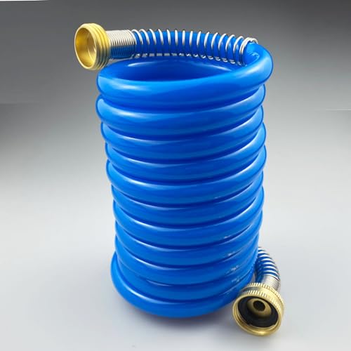 Darnassus Heavy-duty PU Coil Hose, Self-Coiling Garden Hose with Solid Brass Fittings, Retractable, Corrosion Resistant, for Household (10 FT, Blue) - color: Blue, size: 10 FT