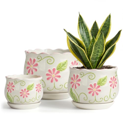 Pink Ceramic Flower Pots, 4+5.2+6.6 Inch Small Plant Pots for Indoor Plant - color: White99-hp