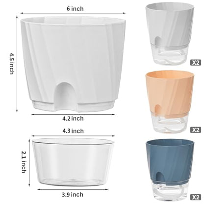 Self Watering Plant Pots 6 Inch, Indoor Planters with Wick Rope & Reservoir - color: White, Pink, Blue, size: 6 Inch Set of 6