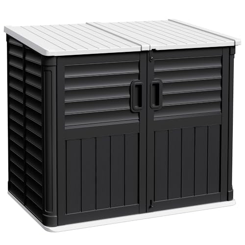 Devoko Resin Outdoor Storage Shed, 34 Cu Ft Outdoor Storage Cabinet with Shelf, Waterproof, Double Locks, Resin Storage for Trash Can, Garden Tools, Pool Supplies (Black) - color: Black, size: Storage shed with shelves