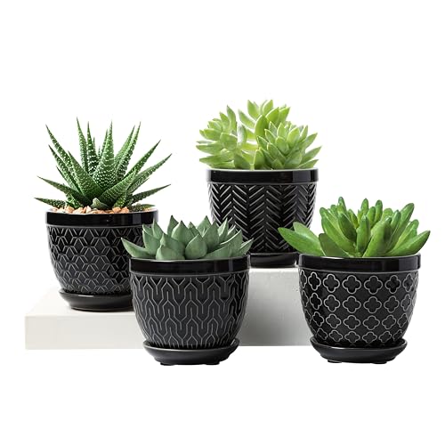 Sureasy Ceramic Plant Pots, 4.7 Inch Flower Pots for Indoor Plants, Succulent Pots with Saucer and Drainage Hole, Decorative Planter for Succulent, Cactus, Set of 4, Black - color: Black, size: 4.7 inch