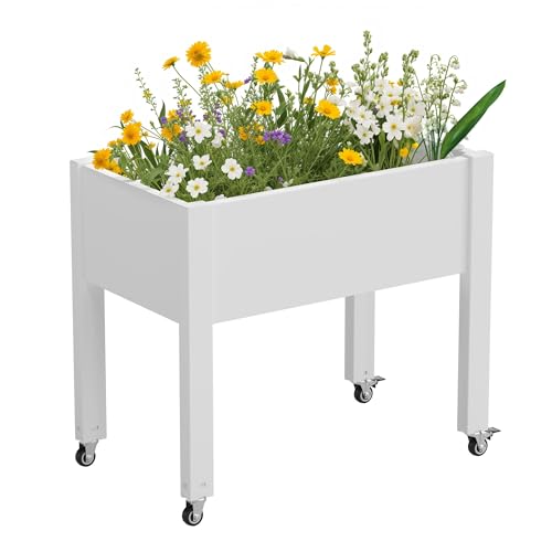 Elevated 26.3" Tall Raised Garden Bed with Wheels - Outdoor Mobile Resin Planter Box with Drainage Holes for Vegetables Flower Herbs, Weather Resistant, Medium Ashen (26.3" h) - color: Medium Ashen, size: 26.3"h