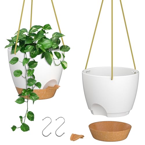 ZMTECH 10 Inch Hanging Planters for Indoor Outdoor Plants, 2 Pack Self Watering Hanging Plant Pots with Drainage Holes and Removable Saucer, Plastic Flower Hanging Pots with Watering Lip (White) - color: White, size: 10 Inch