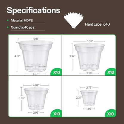 VIVOSUN 40 Packs 3/4/5/6 Inch Clear Nursery Pots with Drainage Holes - size: 3/4/5/6 Inch
