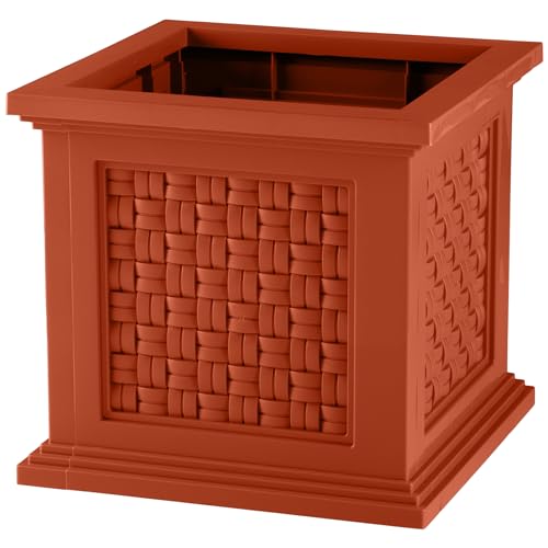 Rattan Style Outdoor Planter Box - 14.65-Inch-Square Decorative Flower or Plant Pot - Garden, Patio and Front Porch Decor by Pure Garden (Terracotta) - color: Terracotta