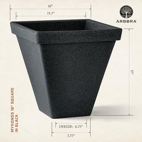ARBORA 16" Mykonos Square Planter - Polyresin Outdoor Plant Pot - color: Black, size: 16"