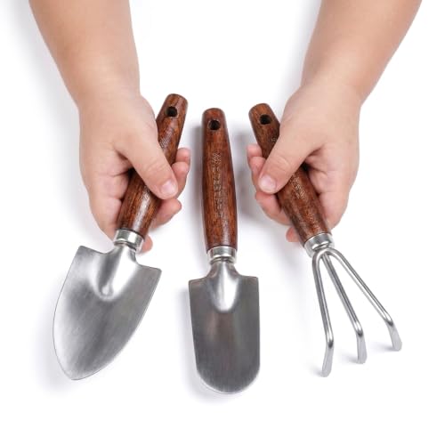 Toddler Gardening Set with Small Shovel, Trowel and Rake - color: Walnut wood handle
